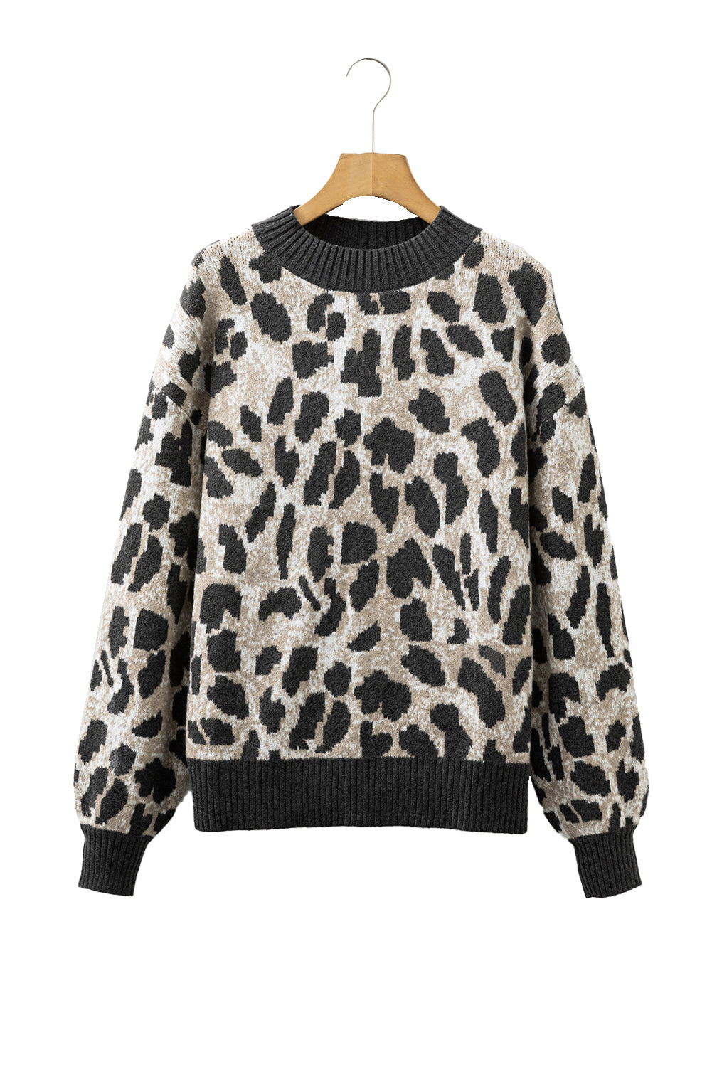 Carbon Grey Leopard Pattern Contrast Trim Round Neck Sweater