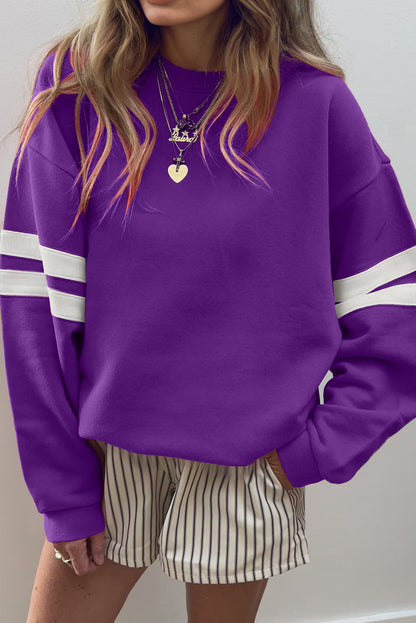 Coffee Preppy Striped Sleeve Loose Sweatshirt