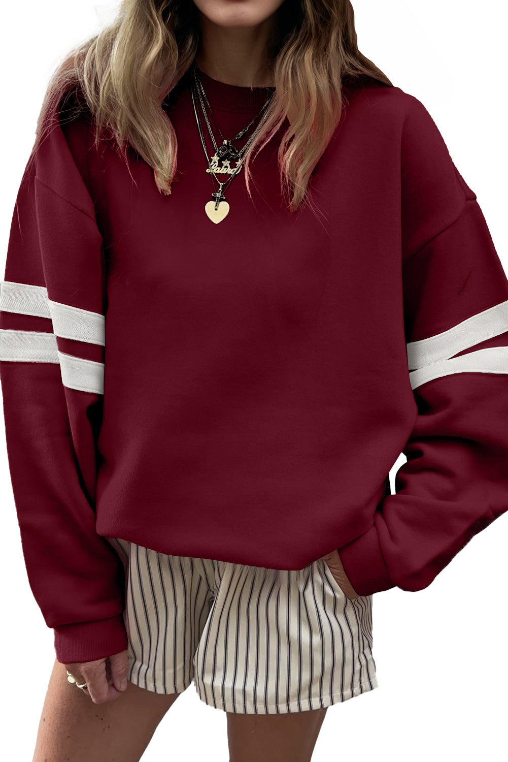 Coffee Preppy Striped Sleeve Loose Sweatshirt