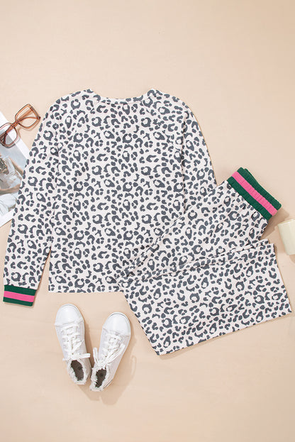 Gray Leopard Contrast Trim Long Sleeve Pullover and Pants Set