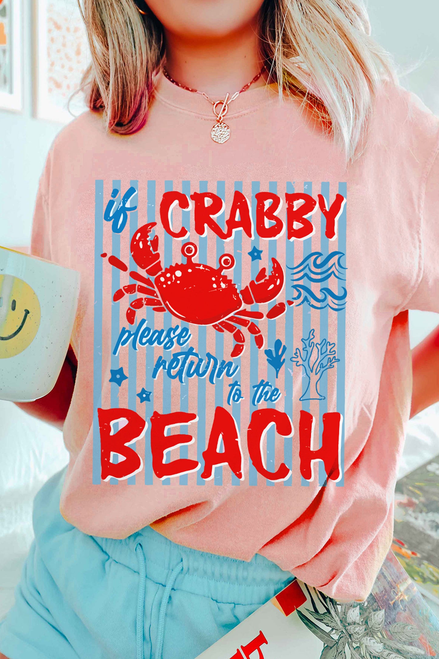 Pink CRABBY BEACH Striped Print Casual T Shirt