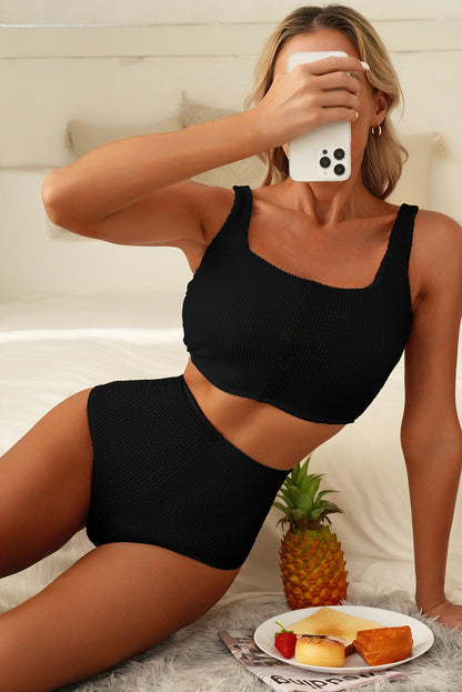 Sky Blue Corded Colorblock Square Neck Bikini Swimsuit