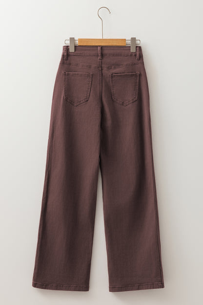Coffee Solid Color Loose Straight High Waist Jeans