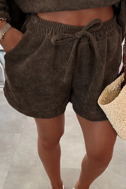 Dark Brown Textured Knit Drop Shoulder Pullover Drawstring Shorts Set