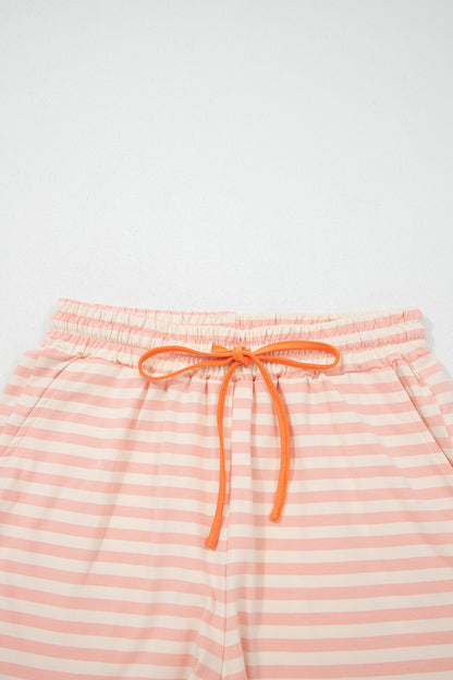 Sky Blue Stripe Contrast Neck Loose Tee and Drawstring Shorts Set