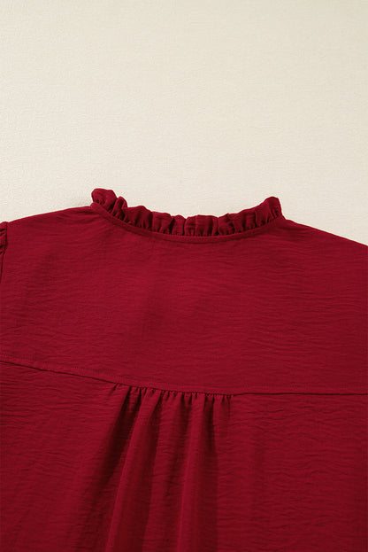 Burgundy Notched Neck Shirred Cuffs Long Sleeve Blouse