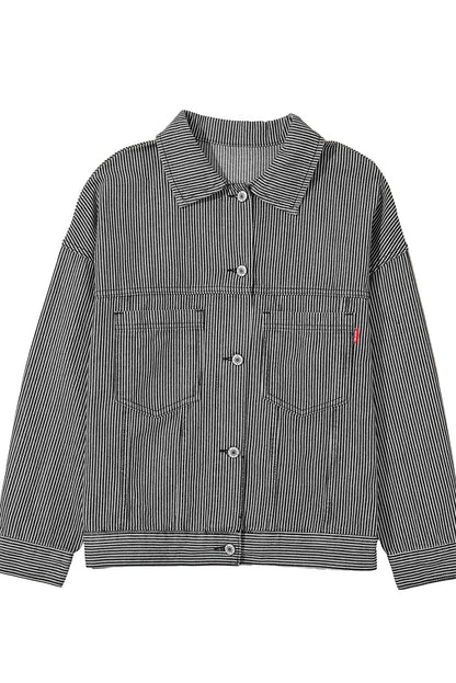 Blue Stripe Washed Oversized Pocketed Denim Jacket