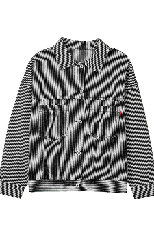 Blue Stripe Washed Oversized Pocketed Denim Jacket