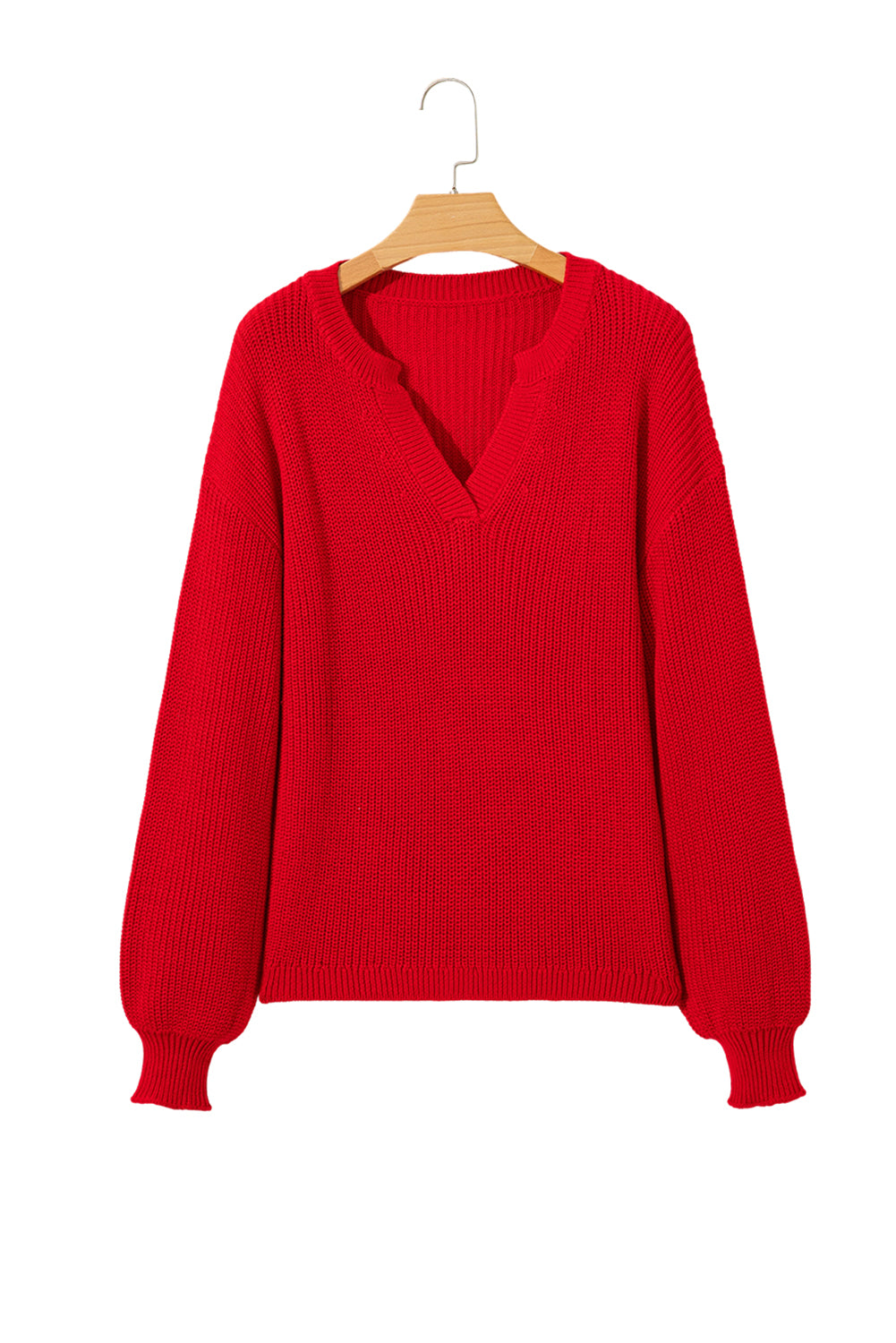 Racing Red Solid Textured Knit V Neck Drop Shoulder Sweater