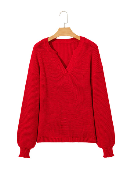 Racing Red Solid Textured Knit V Neck Drop Shoulder Sweater