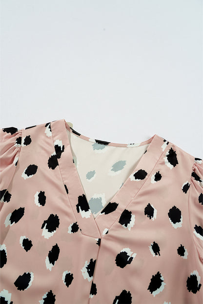 Khaki Leopard V Neck Bracelet Sleeve Blouse