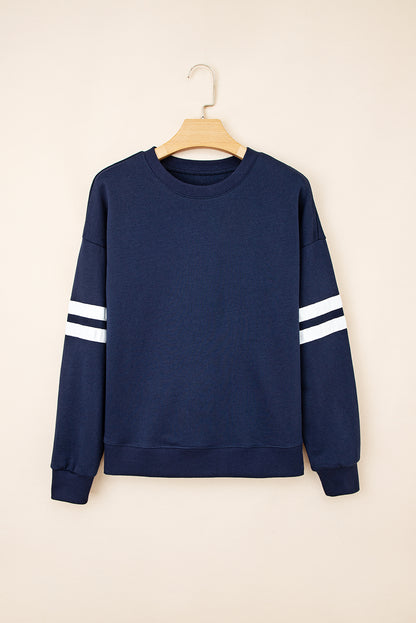 Coffee Preppy Striped Sleeve Loose Sweatshirt