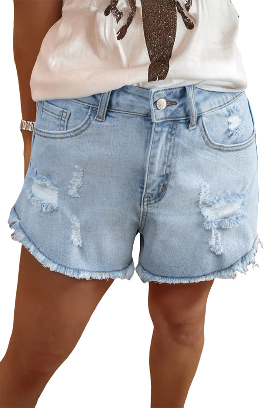 Beau Blue High Rise Distressed Raw Hem Denim Shorts