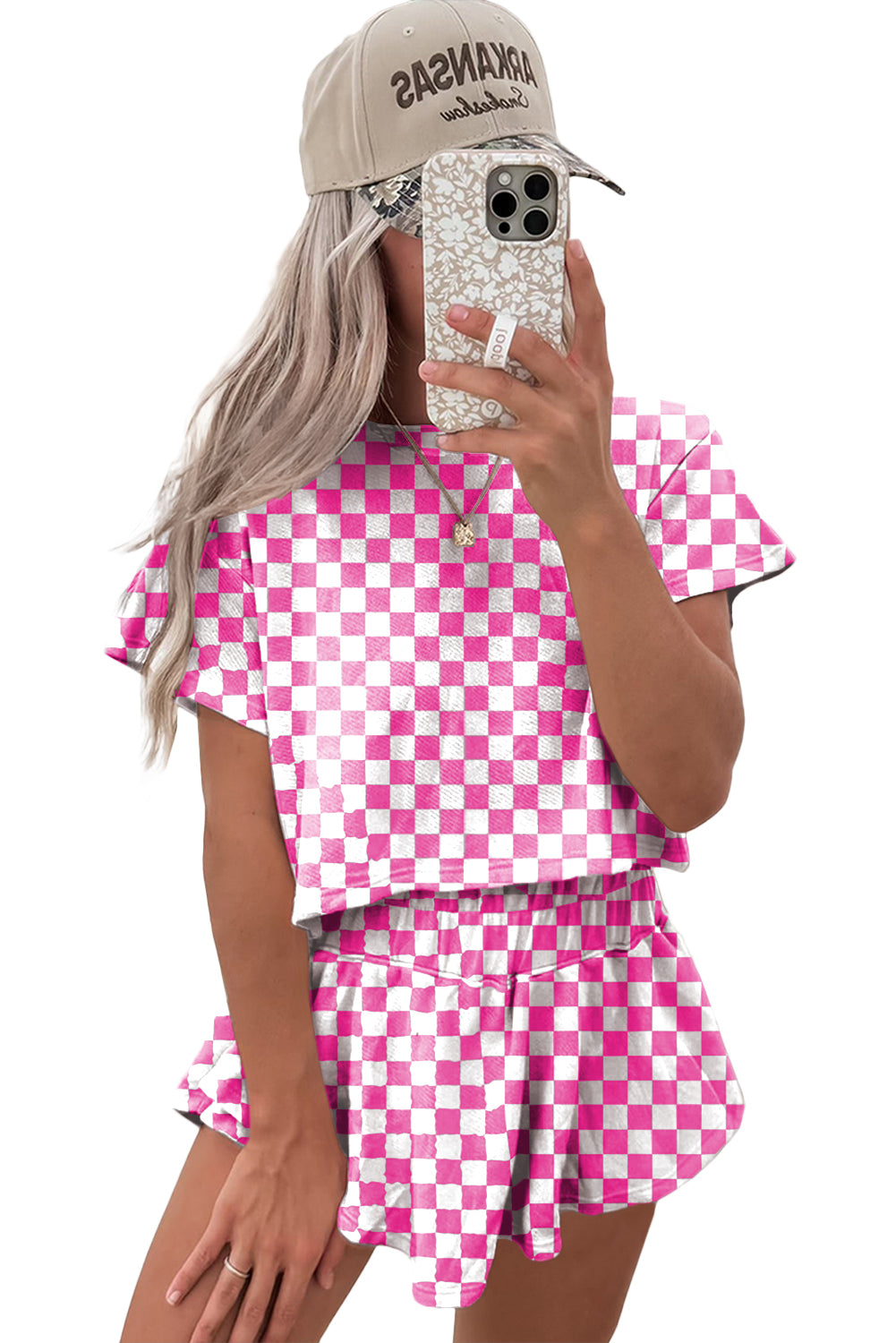 Brown Checkerboard T Shirt and High Waist Skort Set