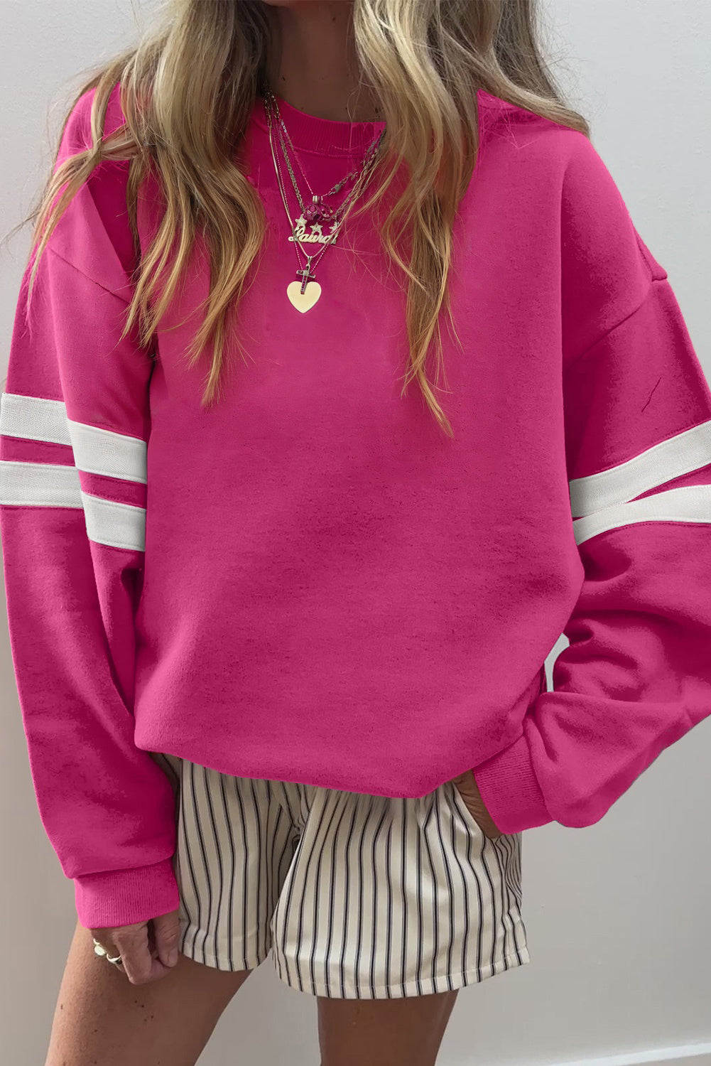 Coffee Preppy Striped Sleeve Loose Sweatshirt