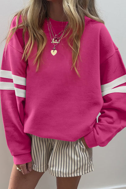 Coffee Preppy Striped Sleeve Loose Sweatshirt