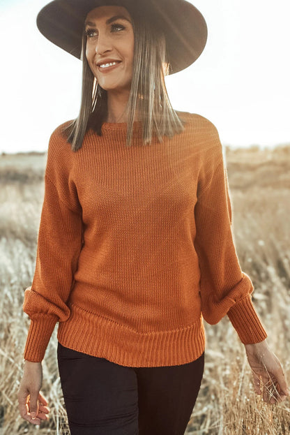 Gold Flame Solid Color Ribbed Trim Drop Shoulder Sweater