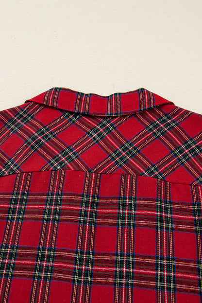 Red Plaid Contrast Color Christmas Holiday Long Sleeve Shirt and Shorts Pajama Set