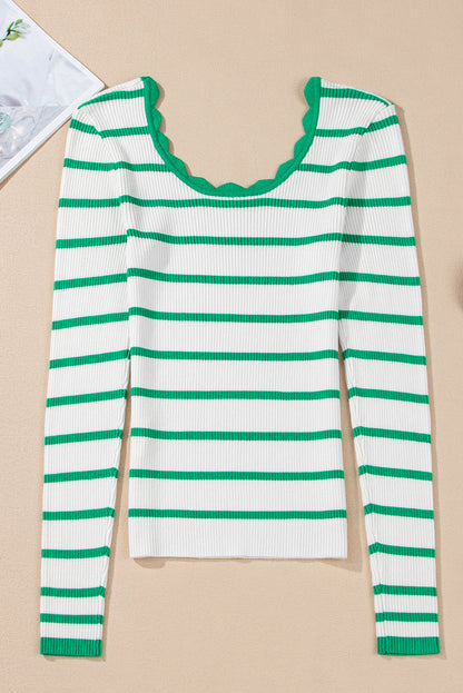 Black White Scalloped Edge Neck Striped Long Sleeve Sweater