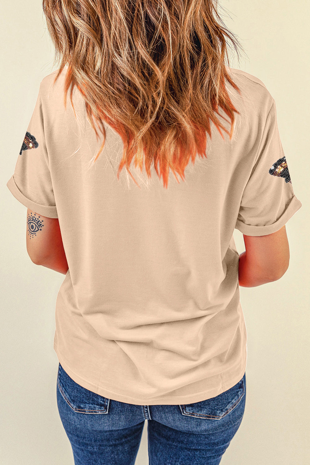 Khaki Turkey Sequin Patch Application Round Neck Graphic Tee