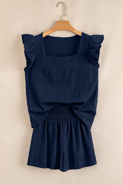 Dirty Blue Textured Ruffle Top and Shirred High Waist Shorts Set