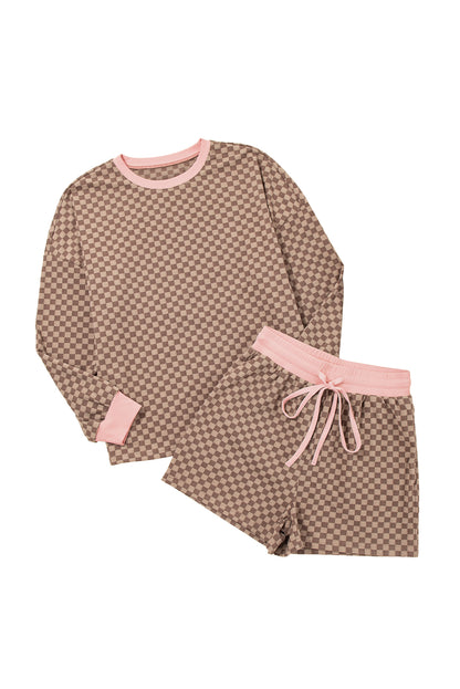 Brown Checkerboard Contrast Trim Long Sleeve Pullover and Shorts Set