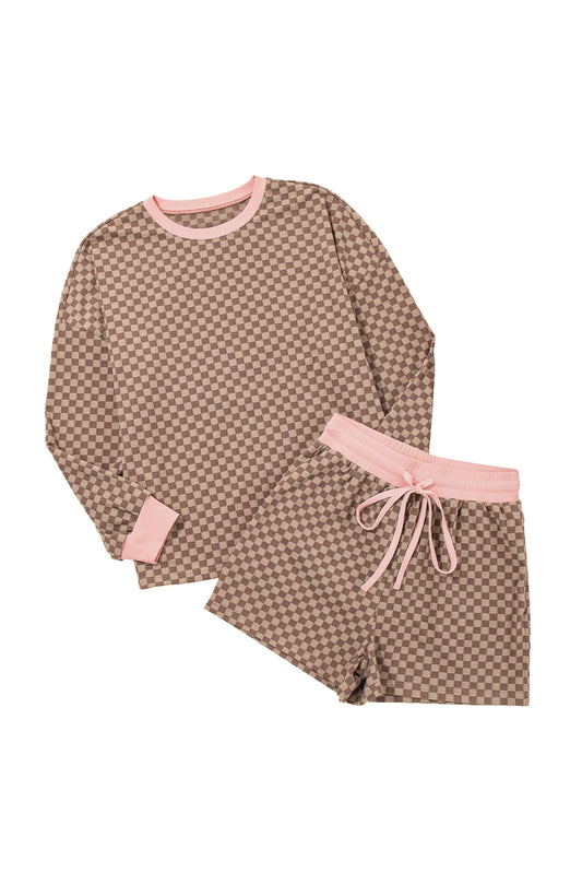 Brown Checkerboard Contrast Trim Long Sleeve Pullover and Shorts Set