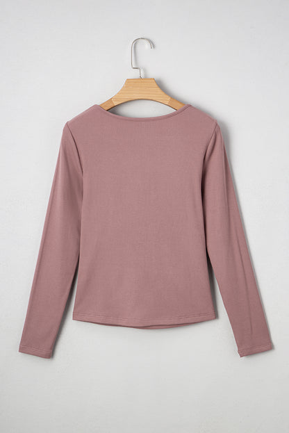 Old Rose Ruched Sweetheart Neck Ribbed Long Sleeve Top