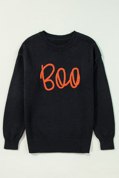 Black Halloween Boo Drop Shoulder Knit Sweater