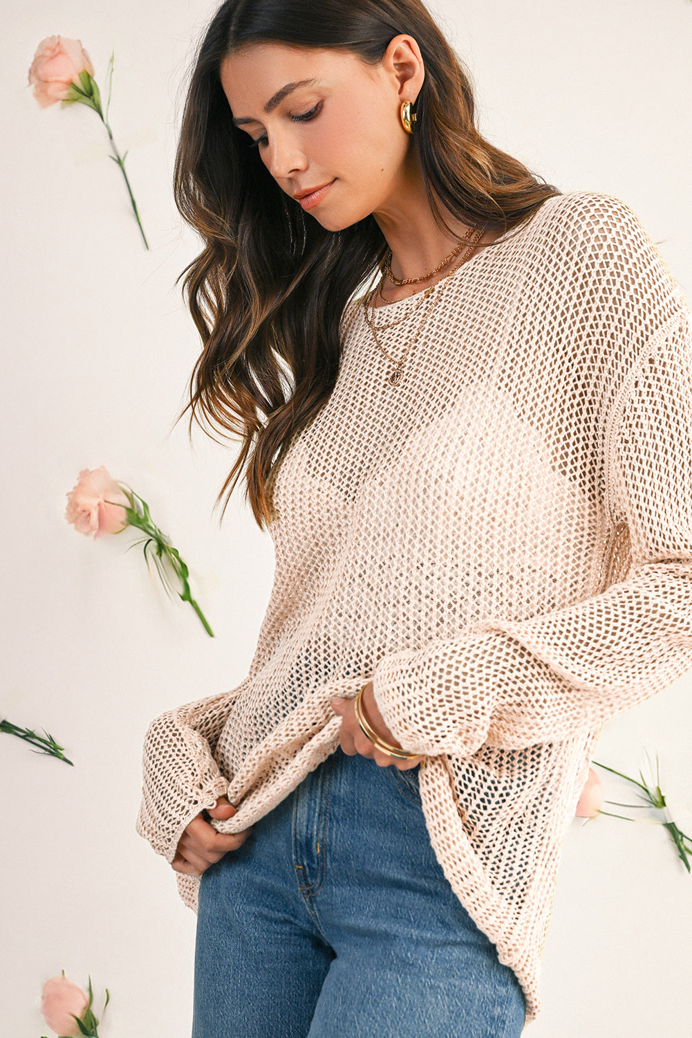 Coral Crochet Hollow-out Knit Sweater