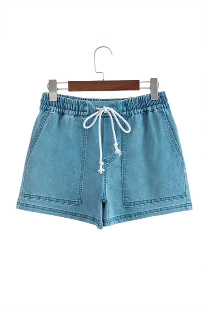 Beau Blue Drawstring Elastic Waist Denim Shorts