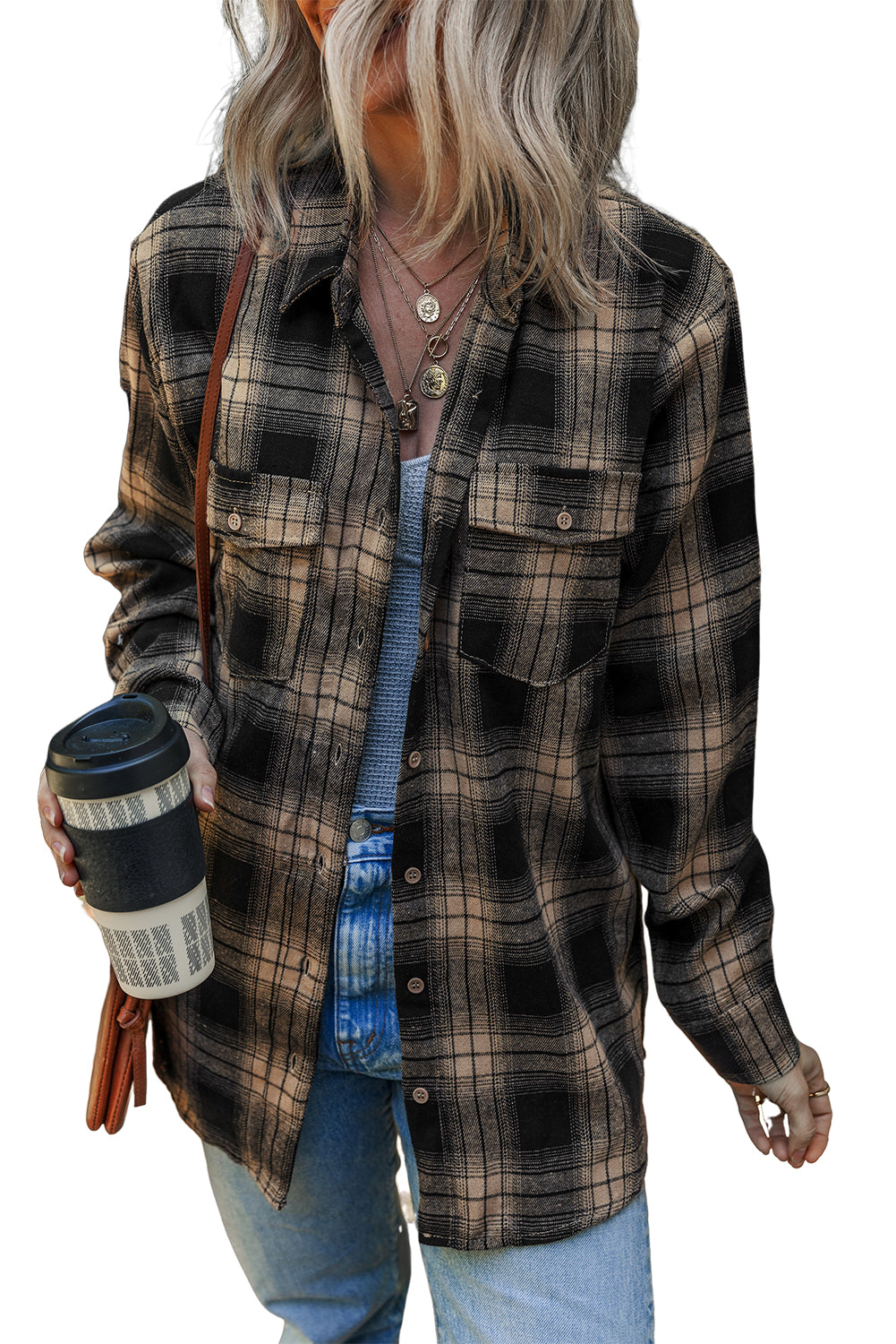 Multicolour Retro Plaid Double Flap Pocket Brushed Shacket