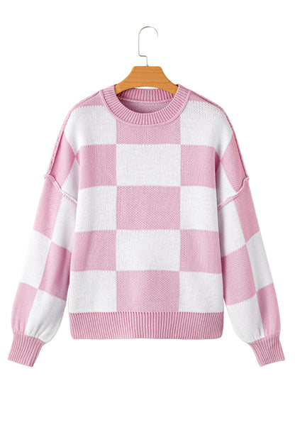 Dark Brown Plaid Bishop Sleeve Pullover Sweater