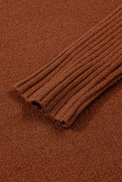 Chestnut Ribbed High Neck Front Pockets Center Seam Shift Sweater Dress