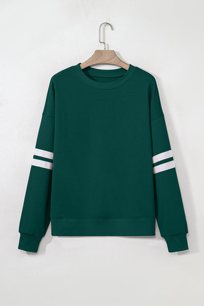 Coffee Preppy Striped Sleeve Loose Sweatshirt