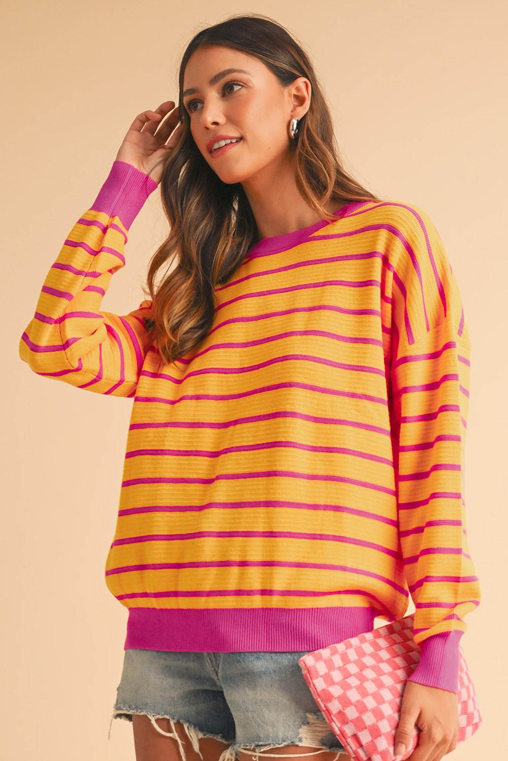 Pink Stripe Round Neck Drop Shoulder Loose Sweater