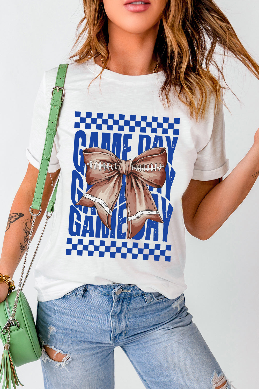 White Football Bow Heat Transfer Printing Game Day Crewneck T Shirt