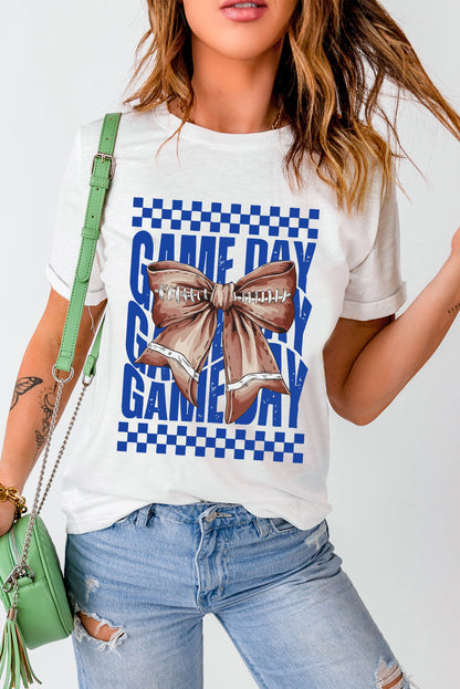 White Football Bow Heat Transfer Printing Game Day Crewneck T Shirt