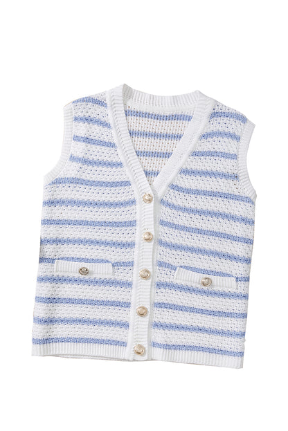 Black Striped V Neck Button Knit Vest