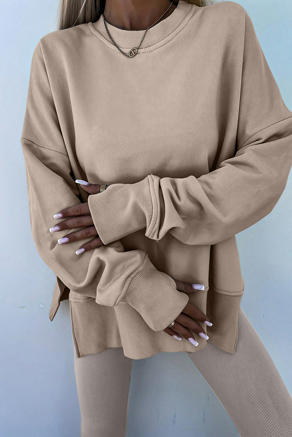Jet Stream Solid Color Oversize Slit Sweatshirt Ribbed Leggings Set