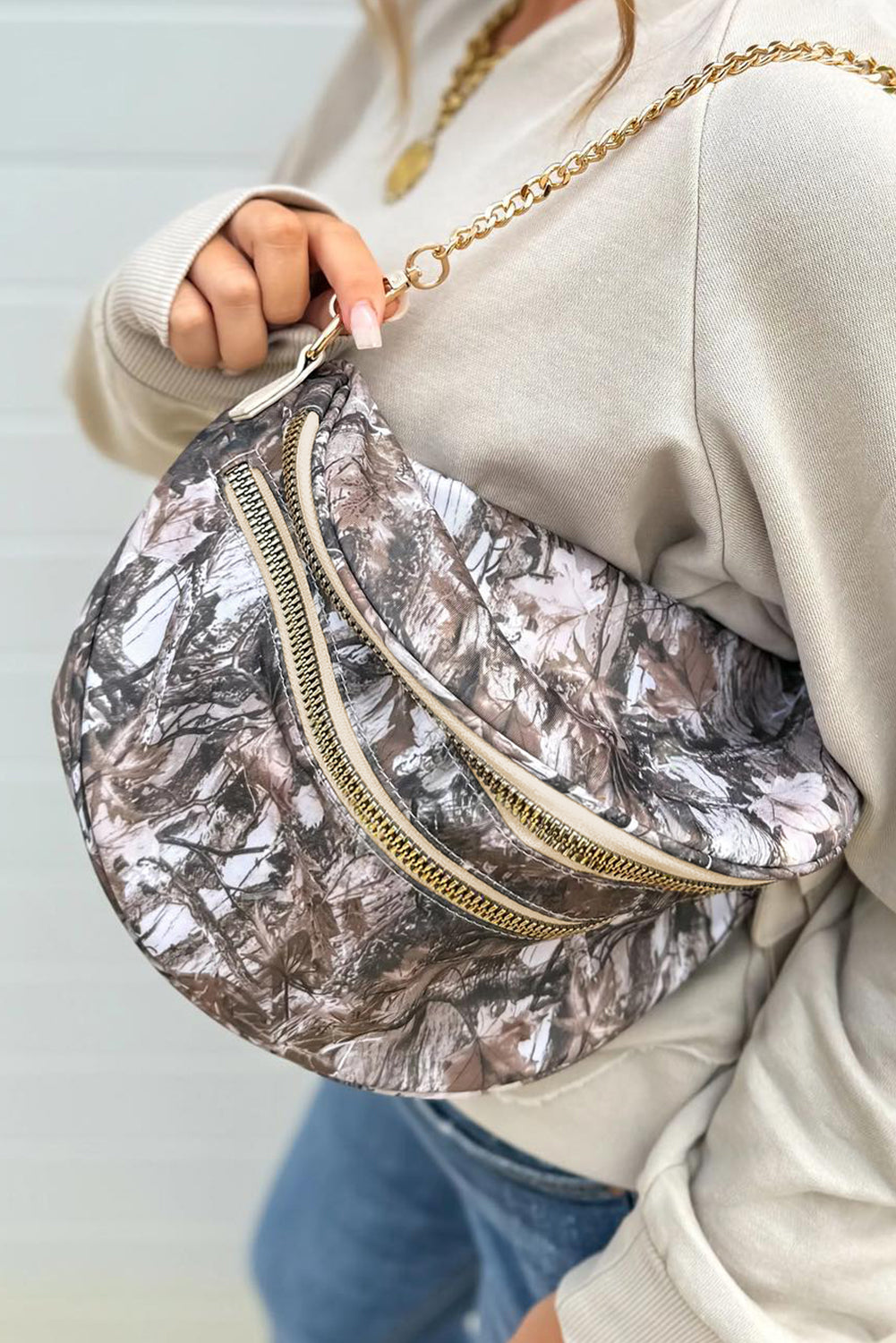 Green Camouflage Print Double Zipper Crossbody Bag