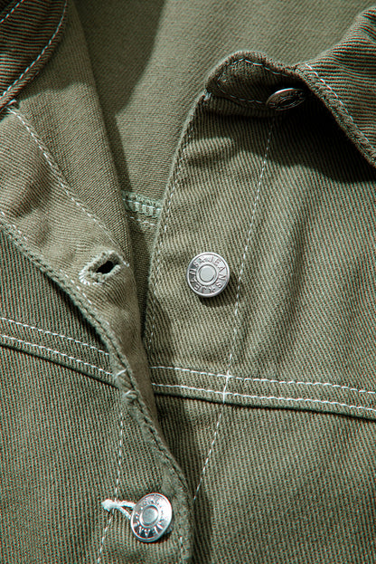 Smoke Green Pocket Collared Button Front Denim Jacket