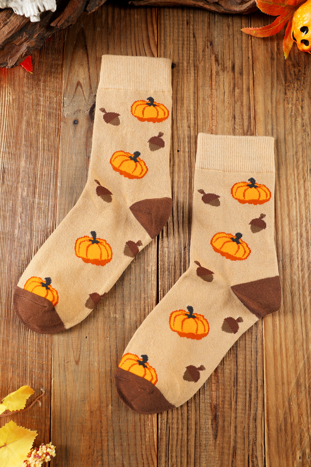 Parchment Pumpkin & Acorn Pattern Combed Cotton Crew Socks