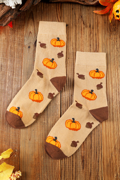 Parchment Pumpkin & Acorn Pattern Combed Cotton Crew Socks
