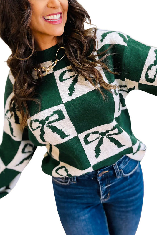 Blackish Green Bow Print Checkered Knit Sweater