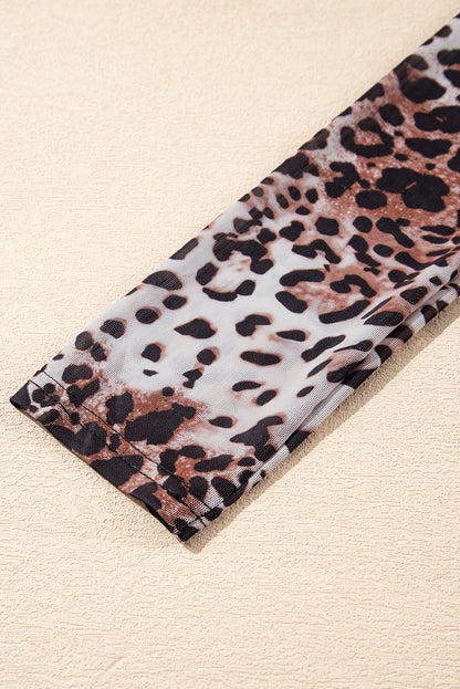 Brown Allover Leopard Print Smocked Neck Mesh Bodysuit