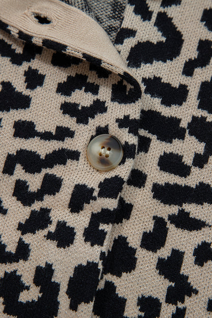 Khaki Leopard Drop Shoulder Knitted Cardigan