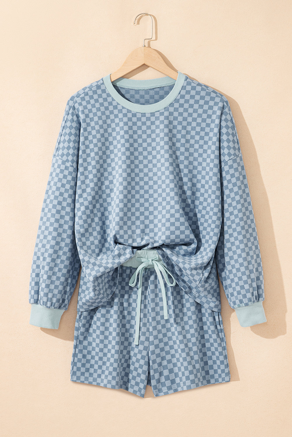 Brown Checkerboard Contrast Trim Long Sleeve Pullover and Shorts Set