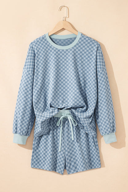 Brown Checkerboard Contrast Trim Long Sleeve Pullover and Shorts Set