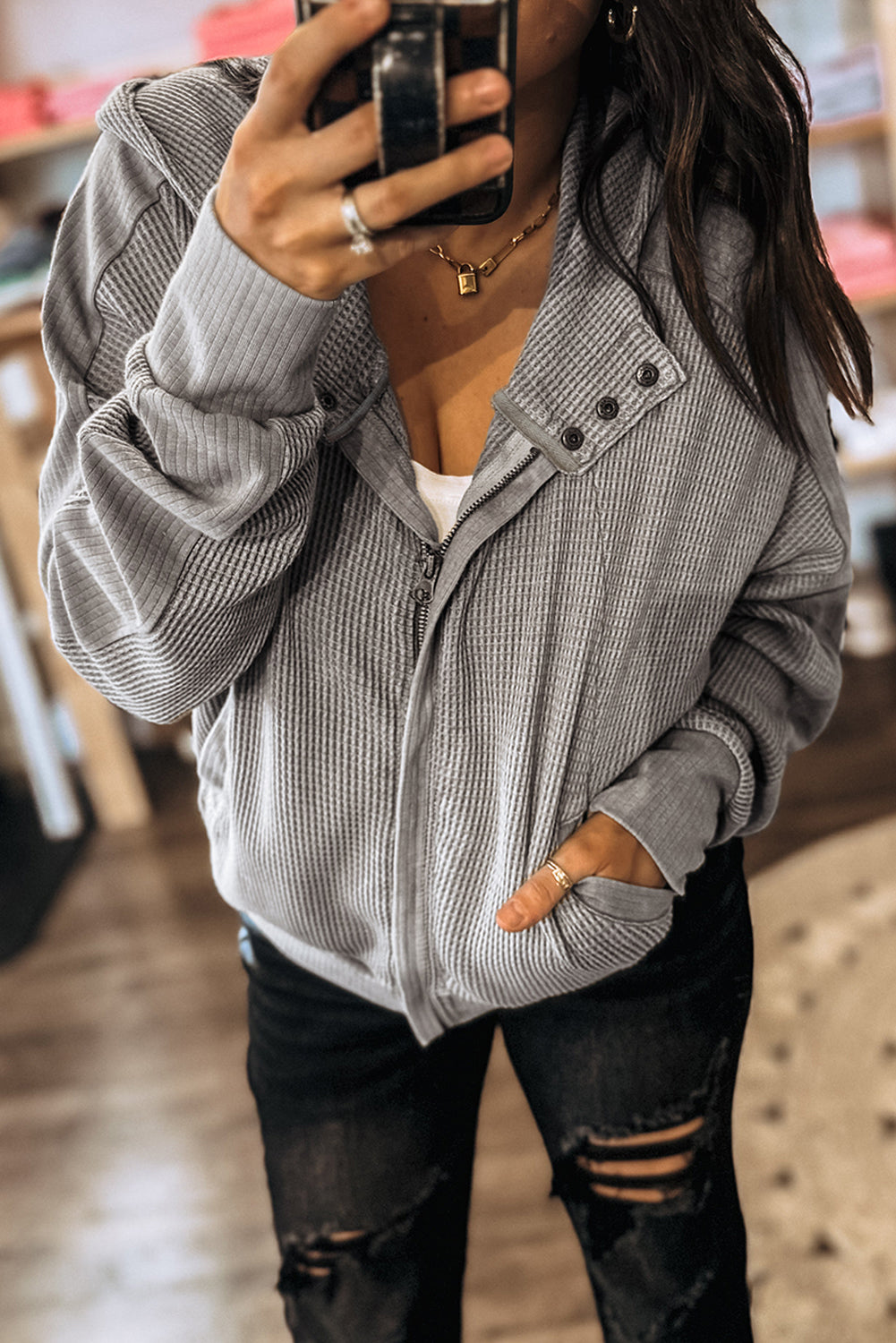 Gray Waffle Splicing Zip Up Front Button Hooded Jacket